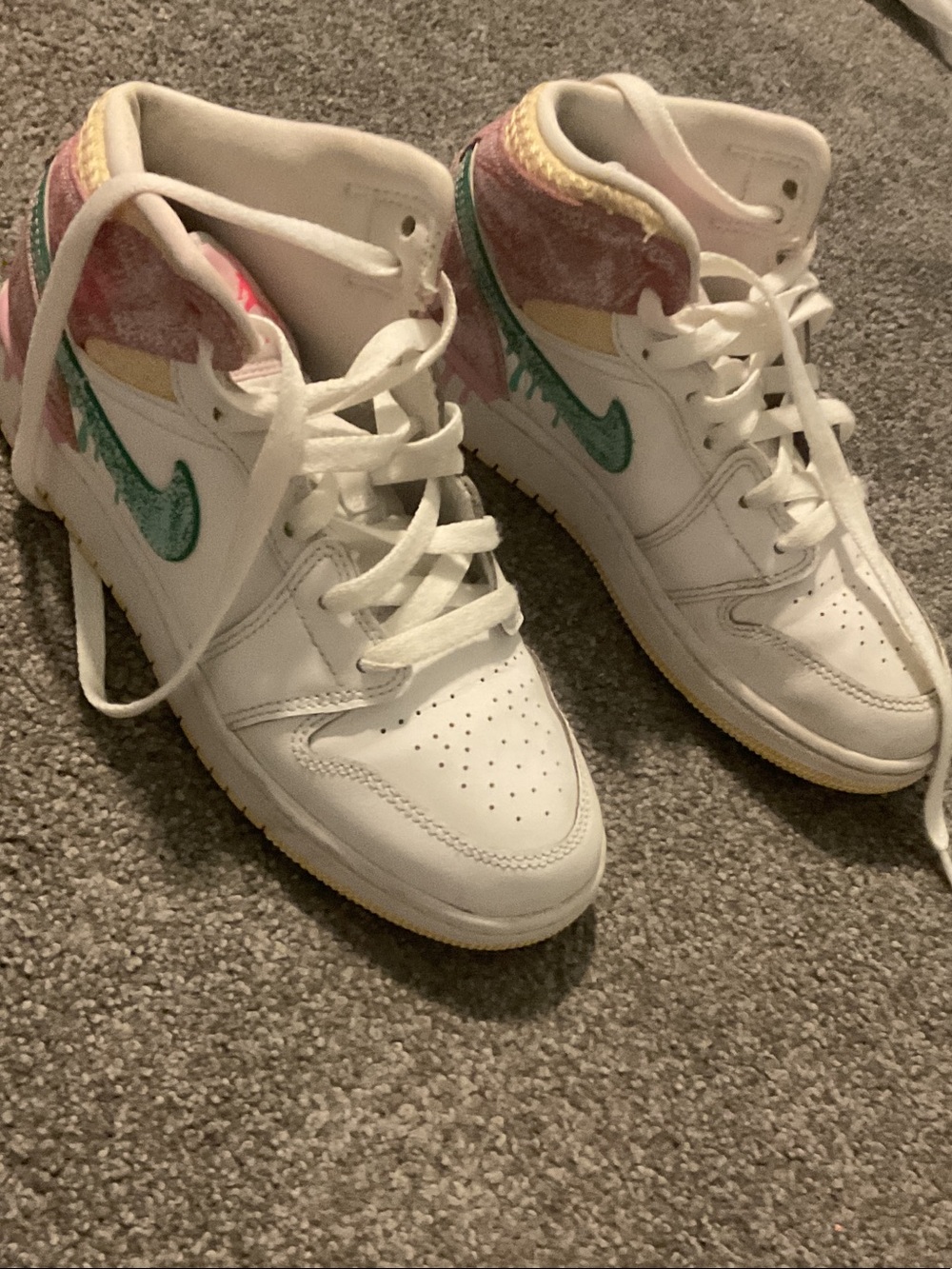 Nike White High-Top Sneakers with Mint Swoosh and Pastel Pink-Yellow Accents